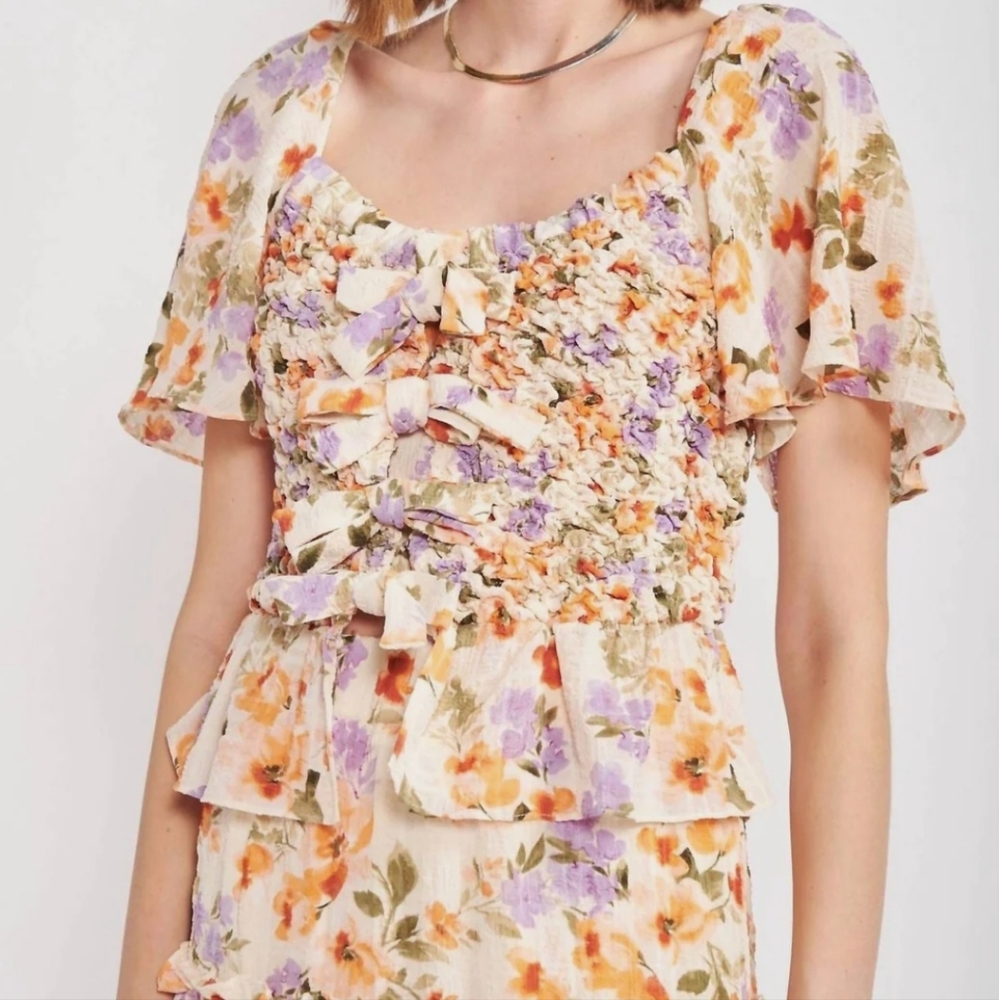 En Saison Sybil Ruffle Smocked Blouse Floral Bows Size L